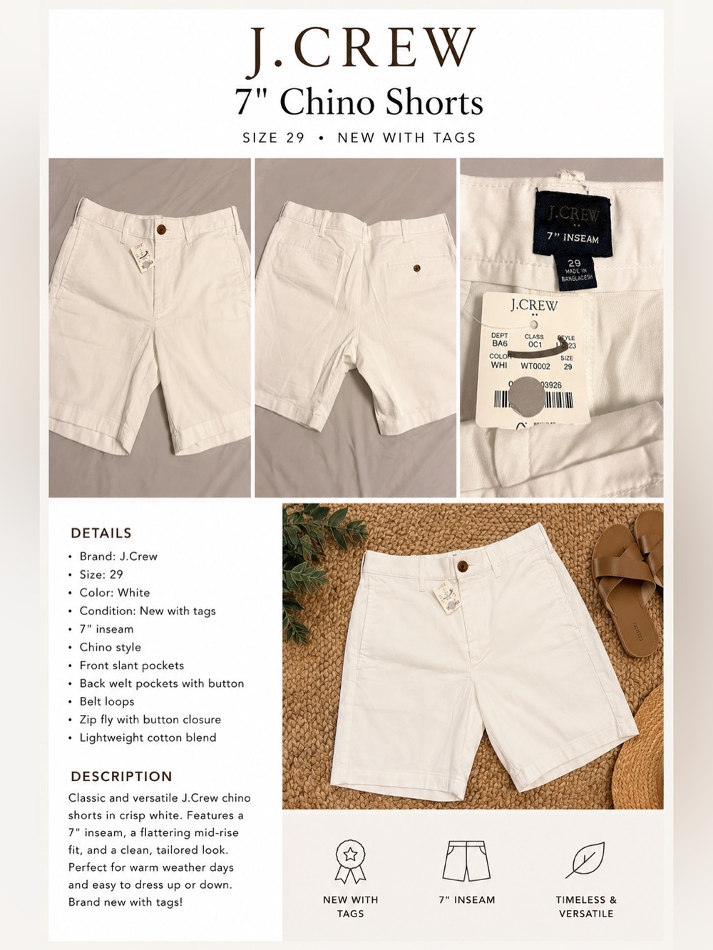 J. Crew White Flat Front 7" Chino Shorts